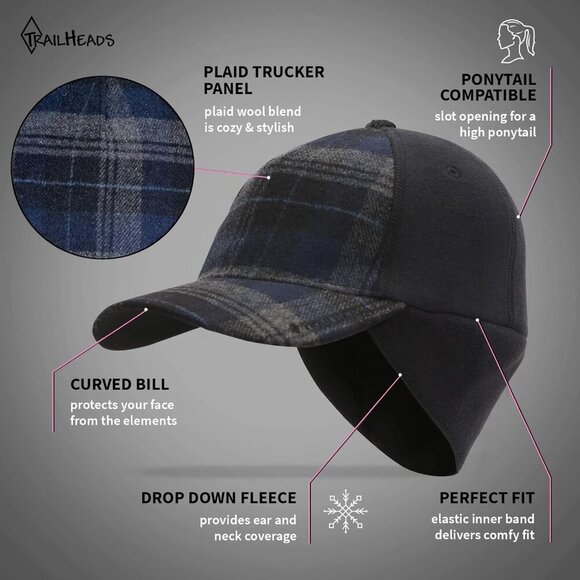 〽️Women’s Blue Plaid Winter Ponytail Trucker Hat with Drop-Down Ear Warmers main image 6